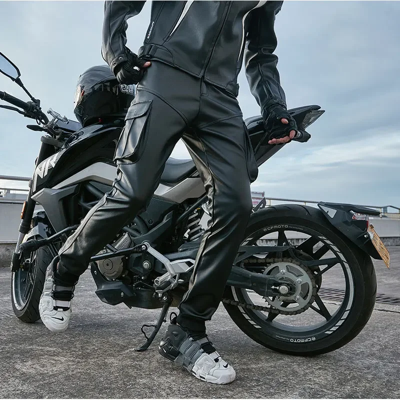 

Idopy Cool Motorcycle Faux Leather Pants Warm Autumn Winter PU Waterproof Windproof Biker Cargo Pants Trousers For Man