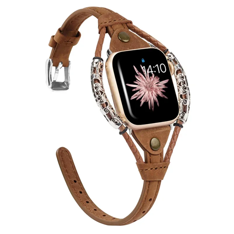 Pulseira de couro para Apple Watch, Mulheres Band, 40mm, 44mm, ultra 49mm, 38mm, 42mm, iWatch Series 8, 7, 6, 5, 4, 3, SE, 41 milímetros, 45 milímetros