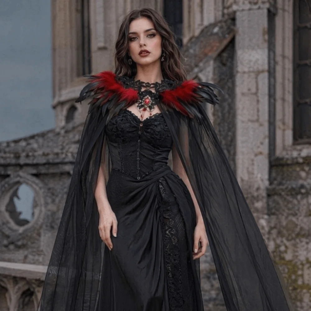 Black Halloween Feather Cloak Fur Collar Mesh Fringe Hollow Lace Mesh Cape Elegant Flowing Festival Costume Cape Gothic Carnival