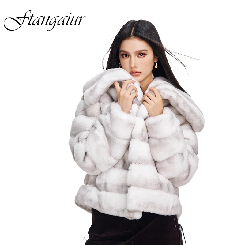 

Зимняя импортная шуба из меха кролика рекс Ftangaiur с длинными рукавами, женская, с большим отложным воротником, в полоску, короткая, из натурального меха кролика рекс