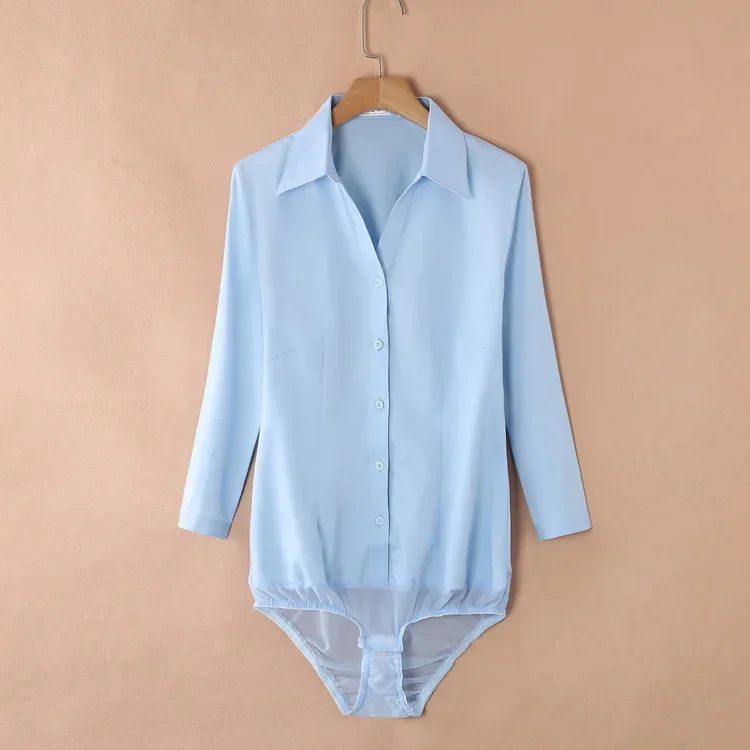 

Women Turn-down Collar Slim Elegant Ladies Tops And Blouses One Piece Body Femme XS-3XL #2103 Black White Blue Office Body Shirt