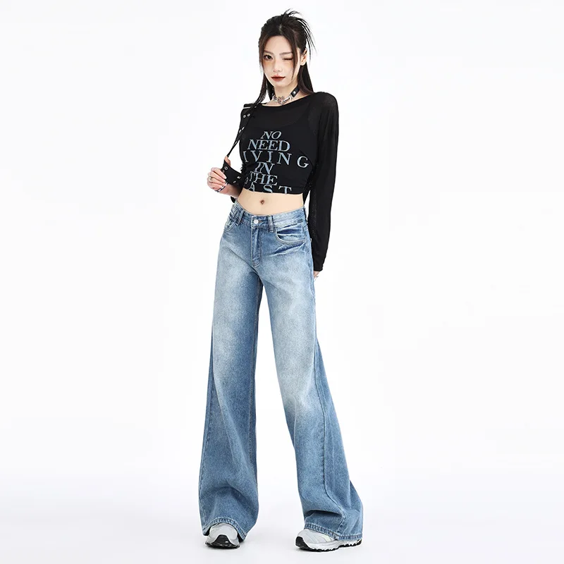 

Fashionable High Waisted Straight Leg Denim Pants for Women's Retro Washed Loose Leg Jeans for Women's Baggy Y2K Denim Pants