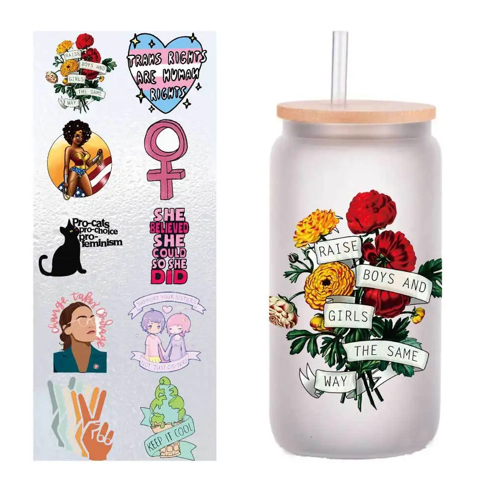 

Маленькая свежая феминистская УФ-переводная наклейка, хрустальная этикетка, стеклянная наклейка по индивидуальному заказу, четыре дюйма