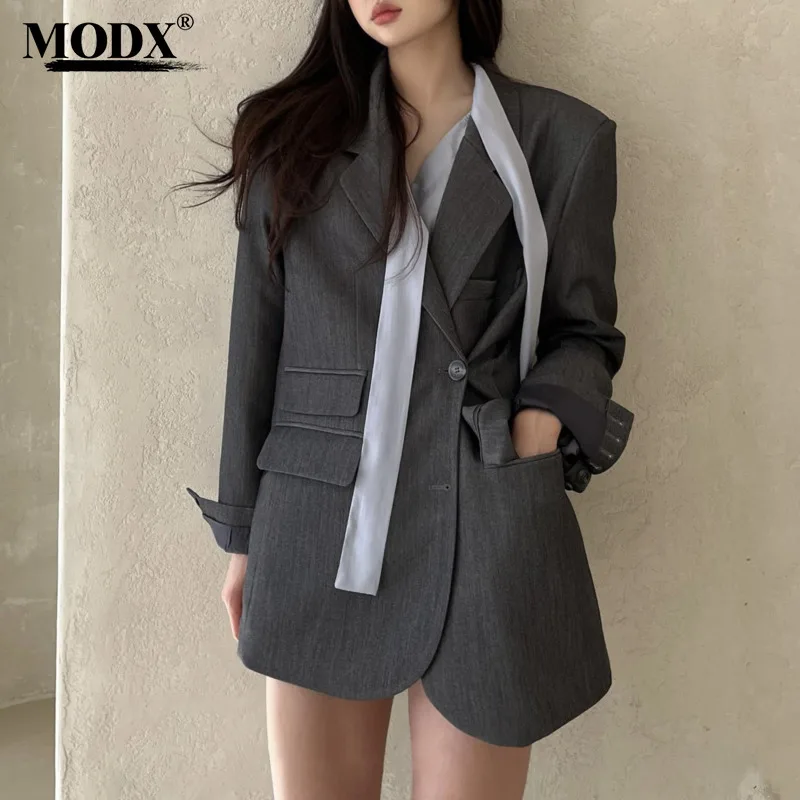 

[MODX] New South Korean Dongdaemun Single Row Buckle Waist Mid Length Suit Jacket For Autumn 2024