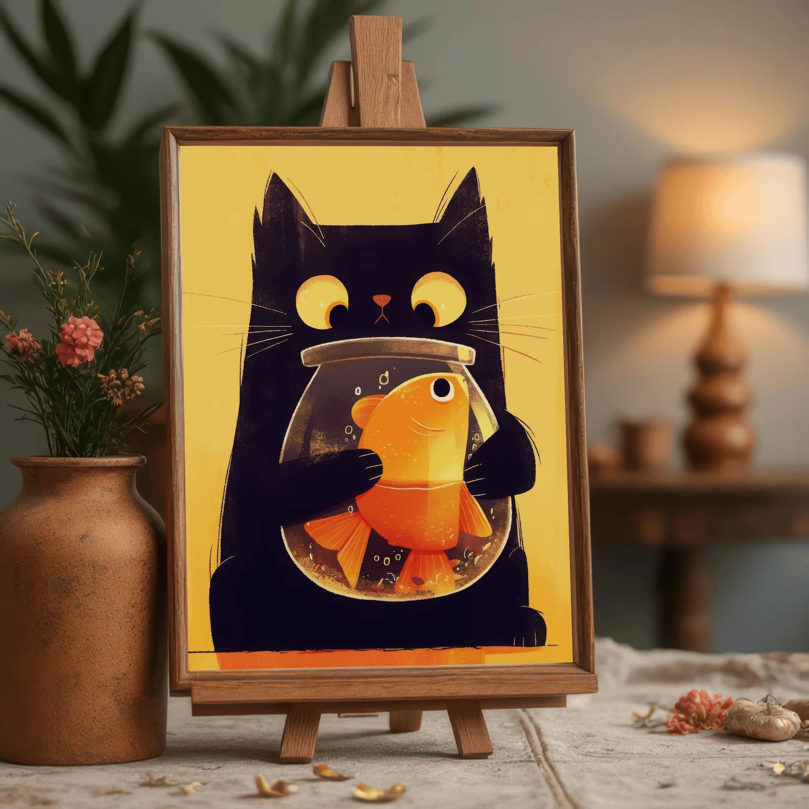 Große Augenkatze mit Fischschale, Wandkunst, bedruckbar, verspielter Kätzchen-Digitaldruck, bezaubernde Haustierliebhaber-Dekoration – moderner Tierkunstdruck