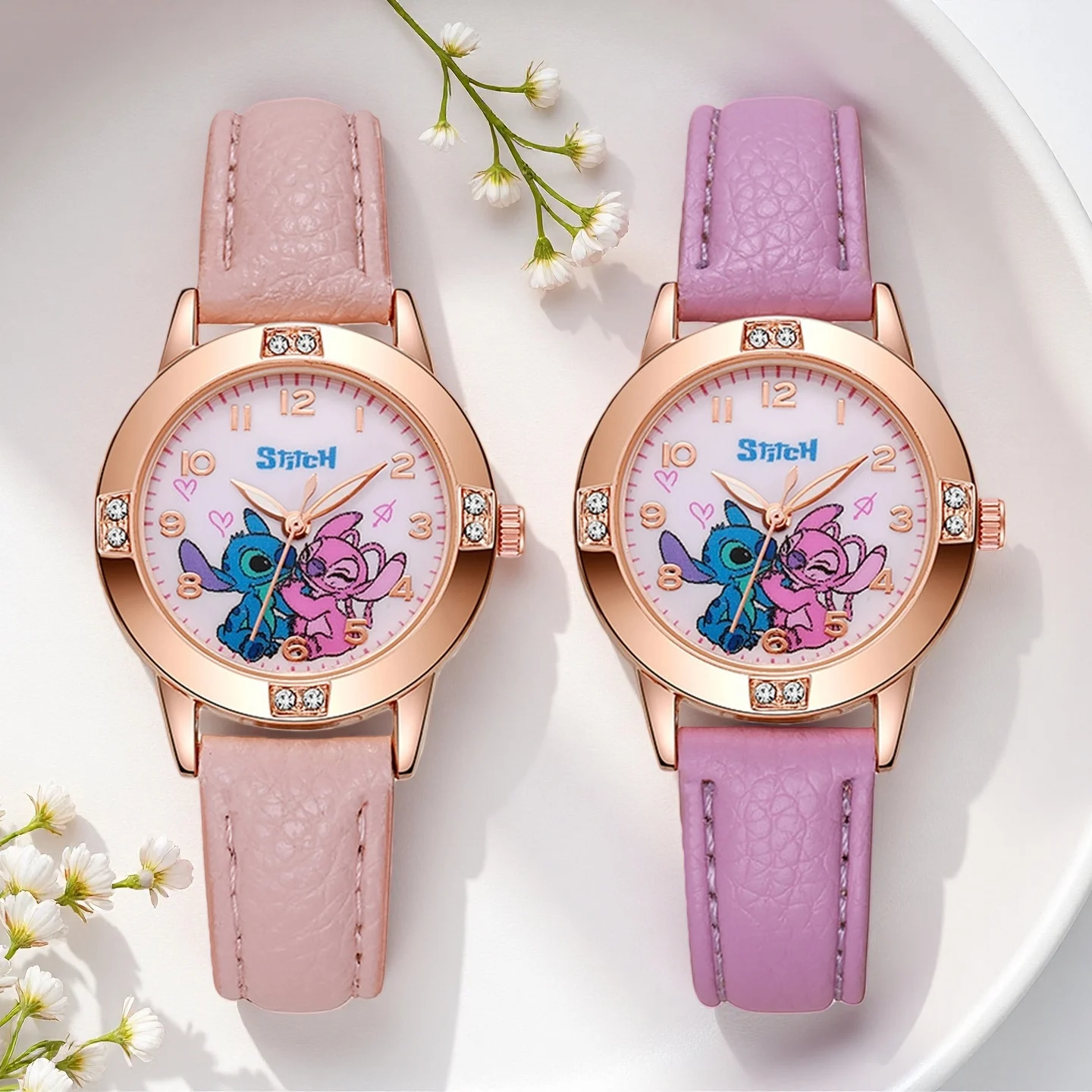 Nuevos relojes para niñas con diseño de dibujos animados, correa de cuero, reloj infantil con esfera de diamantes de imitación, reloj Stich, regalo exquisito