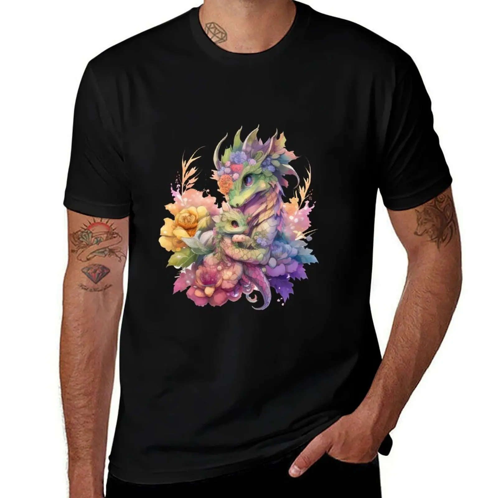 

Rainbow Watercolor Mommy and Baby Dragon, Kawaii, Chibi, Flowers T-Shirt fashion shirts Funny t-shirt mens cotton t shirts
