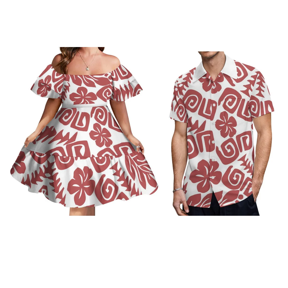 Ruffle Sleeve Puffy Hem Women'S Polynesian Dress Samoa Island Men'S Shirt Cute Couple Clothing Print Design