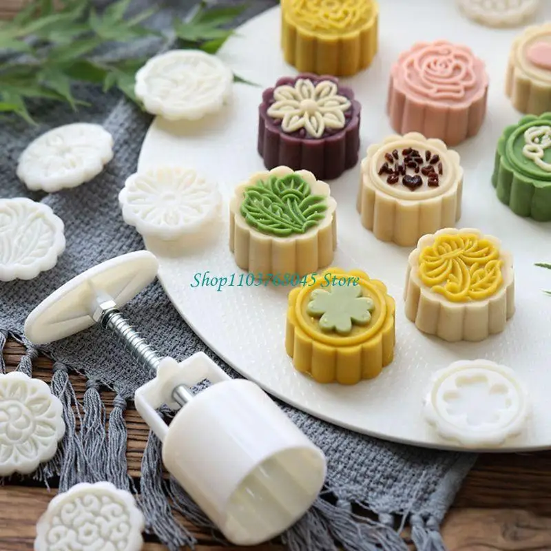 R53F 8pcs Hand Press Cookie Stamp Moon Cake Decor Mould Barrel Mooncake Mold 75g DIY