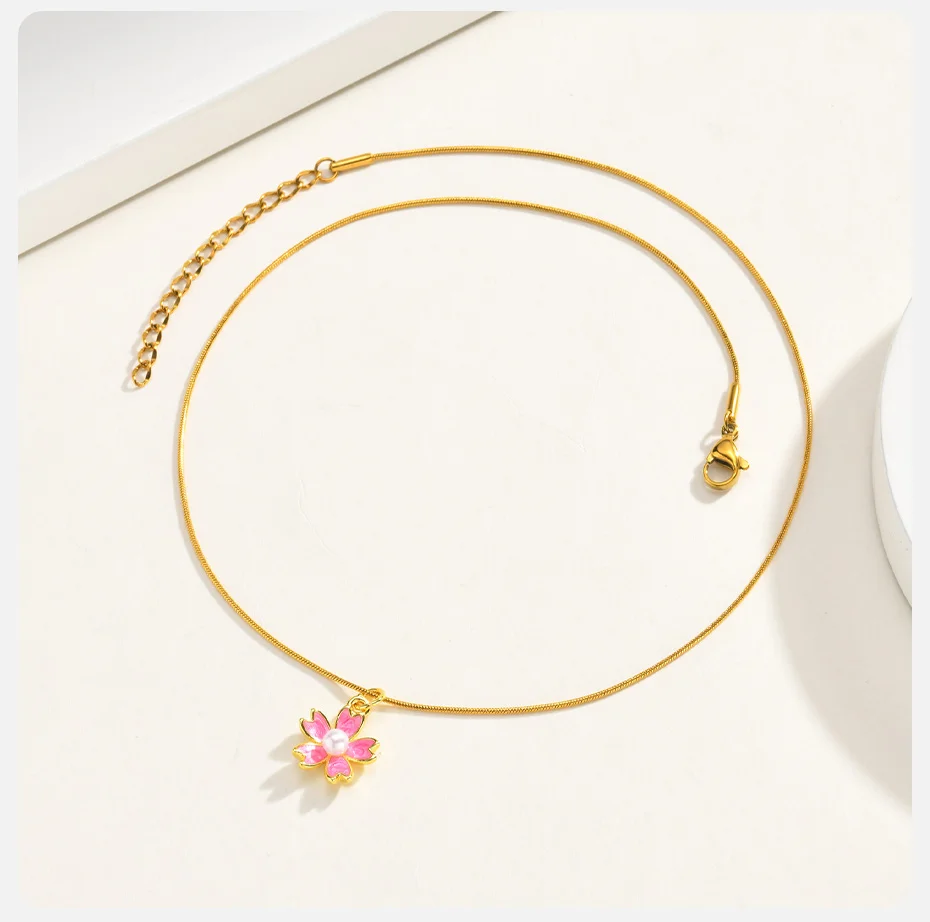 Vnox Exquisite Tropfenöl Rosa Blumen Imitationsperlen Anhänger Halskette für Frauen Vergoldete Süße Blumen Schlüsselbein Kette Schmuck – Detail 1