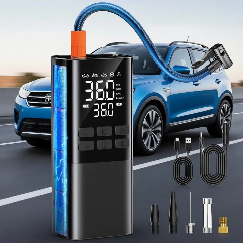 

Portable Air Compressor - Pump for Car Tires, Portable or Car with Pressure Gauge, LED Light, Suitable for Bike, Motorcycle, Bal