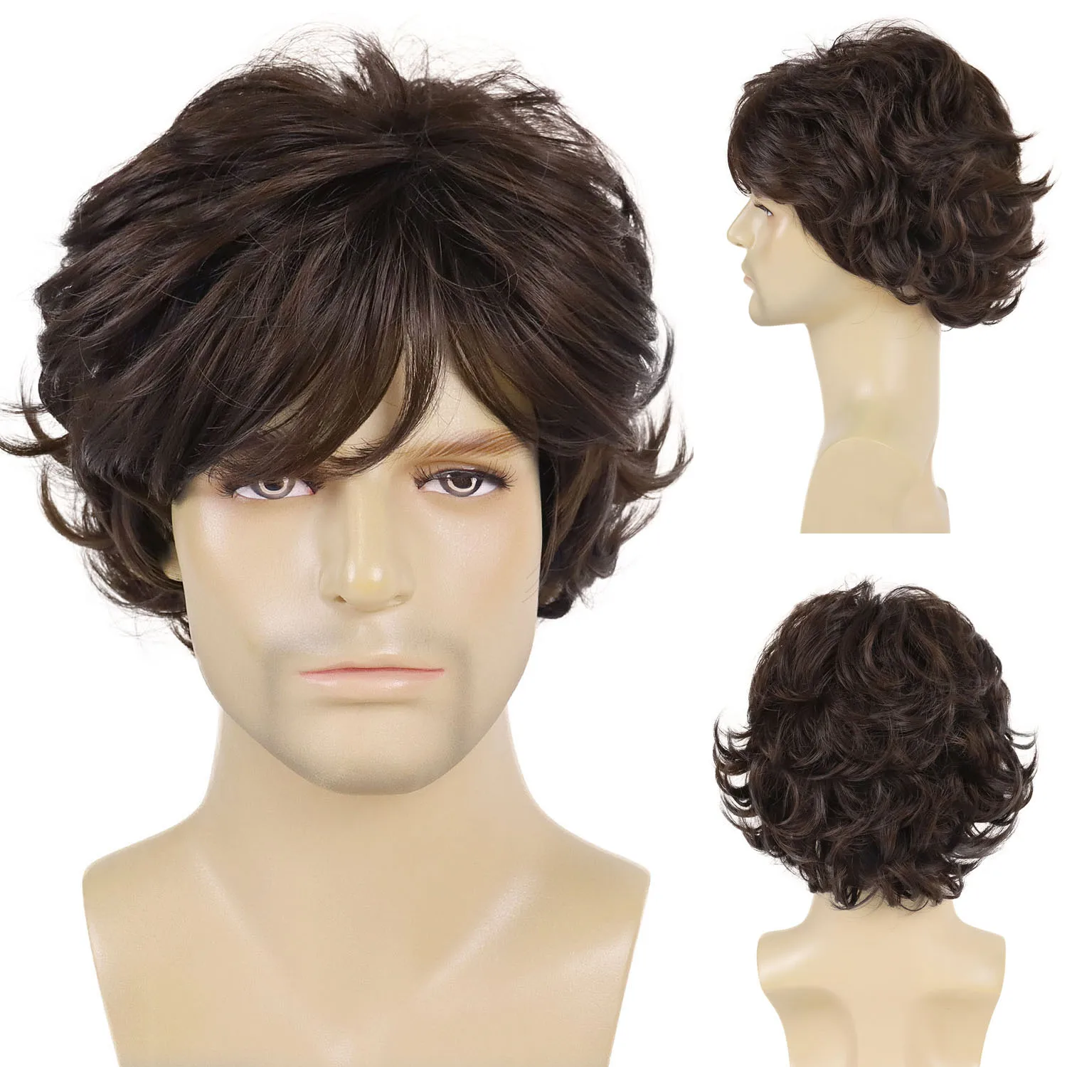

Dark Brown Wig for Men Synthetic Short Curly Wig with Bangs Male Boy Daily Heat Resistant Fluffy Durable Breathable Costume Hair