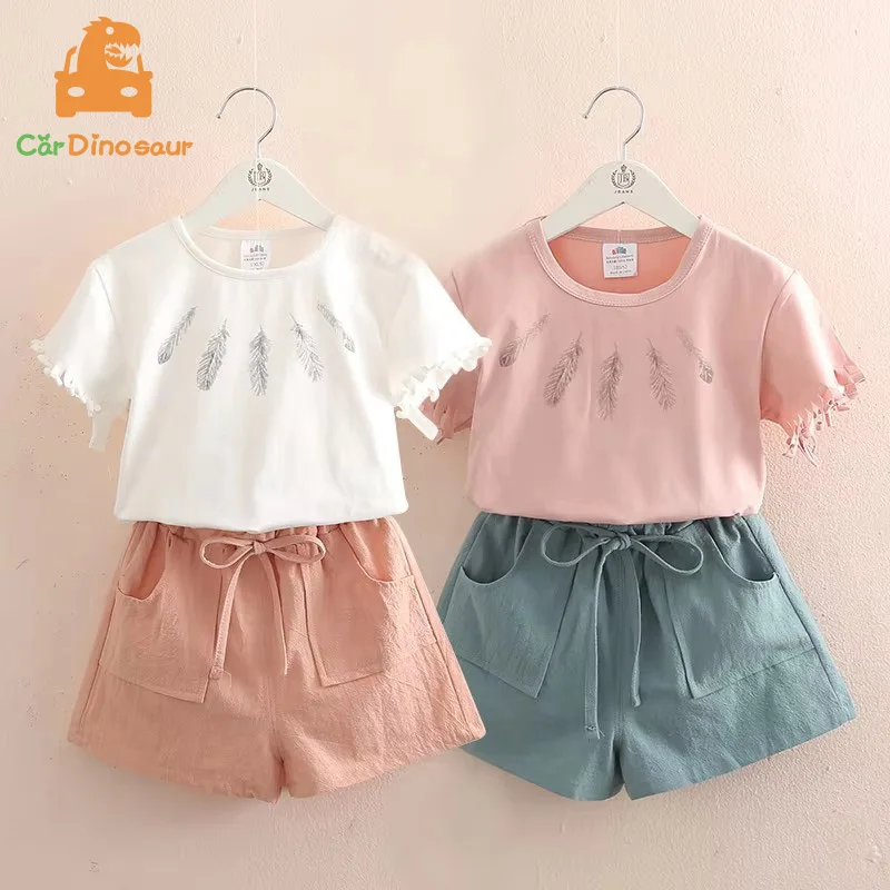 2025 Summer 3 4 6 8 10 Years Children Solid Color Cut Sleeve T-Shirt+Shorts Drawstring 2 Piece Tracksuit Kids Girl Clothing Set