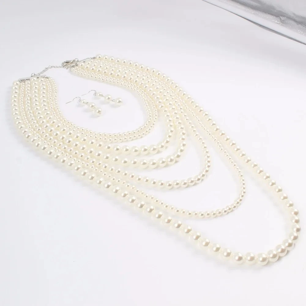 2024 New Multilayer Imitation Pearls Choker Necklace Earrings Women Jewelry Sets Women Indian Statement Large Collar Necklace