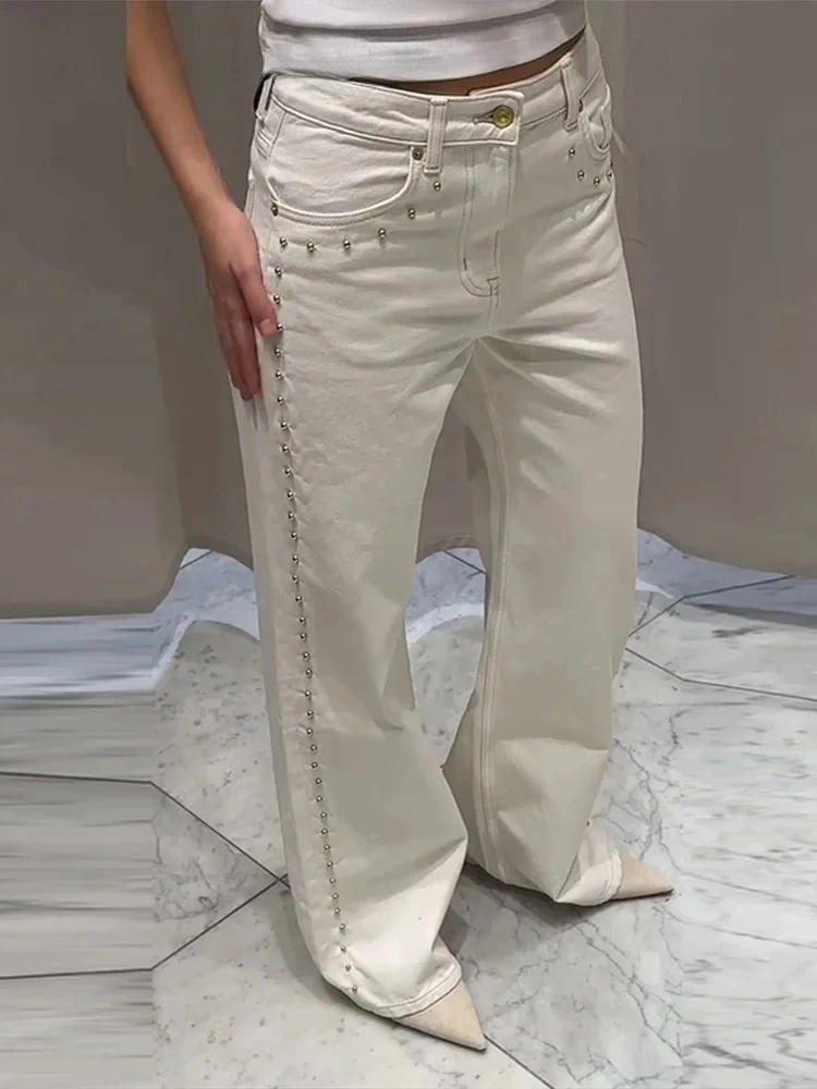 

Street Bead Белые джинсы Женские шикарные мешковатые широкие брюки с прямыми карманами на молнии Джинсовые длинные брюки 2025 Весна Повседневные женские брюки для поездок на работу