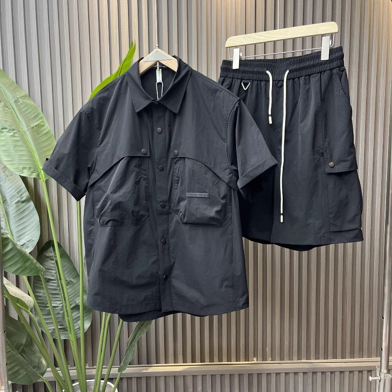 

Solid Cargo Utility 2PCS Outfits Men Summer Streetwear Short Sleeve Shirt & Shorts Ripped Hip-Hop Co-ord Clothes Set Tracksuit