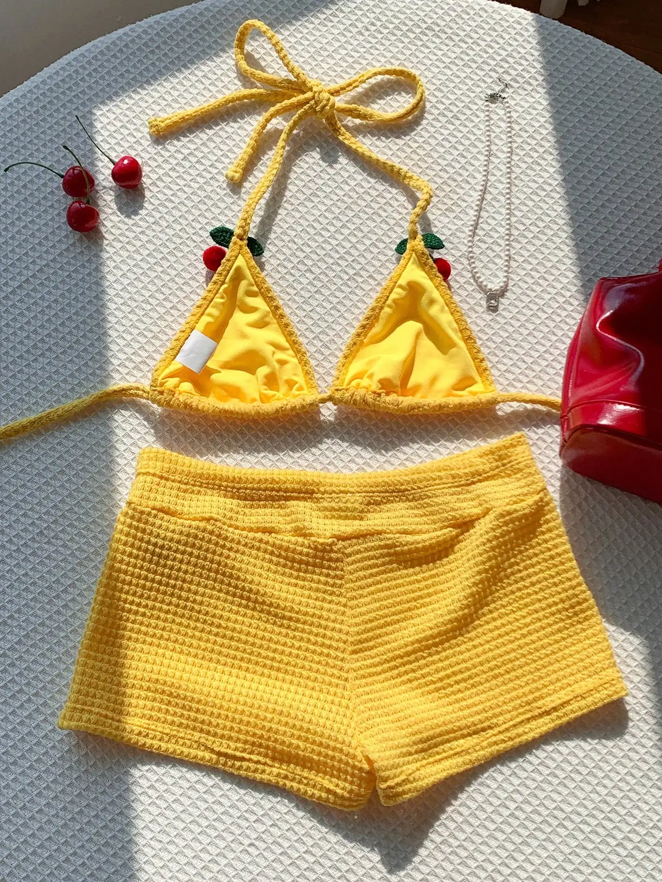

Yellow Crochet Cherry Halter Bikini Set For Vacation Beach Wear