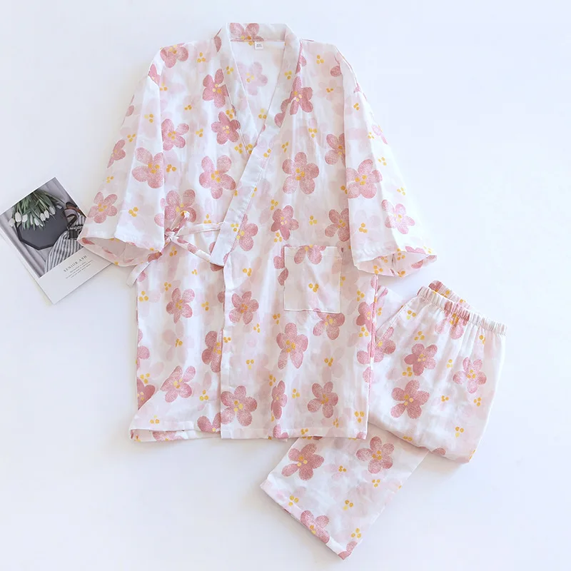 FZSLCYIYI 100% Cotton Japan Women Sleepwear Home Clothes Ladies Half Sleeve Kimono Robe Long Trousers Pajamas Suit Homewear