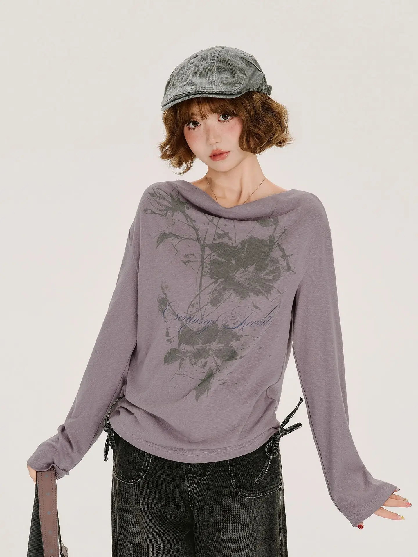 Kimutomo Vintage American Style Cowl Neck Printed Long Sleeve Tee Autumn Casual Unique Design Loose Fit Top Women
