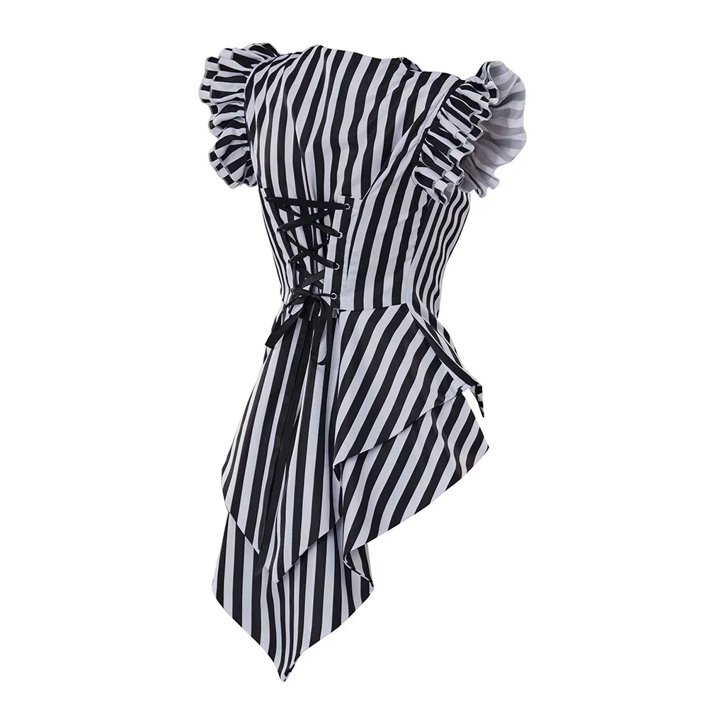 Halloween Costume Women Gothic Steampunk Coat Striped Lapel Collar Jacket Victorian Punk V Neck Flying Sleeve Jacket Tops Daily