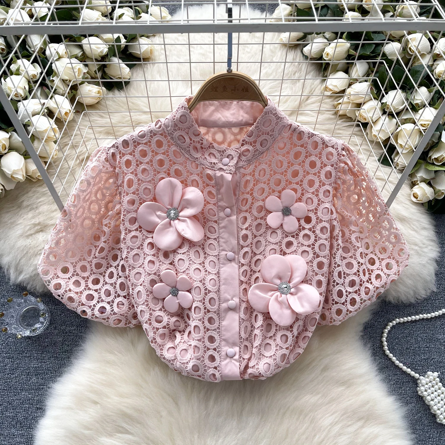 Retro Puff Sleeve lace Three-dimensional flower  Blouse Slim Sexy Shirt Women Gothic  summer Fashion Crop Top