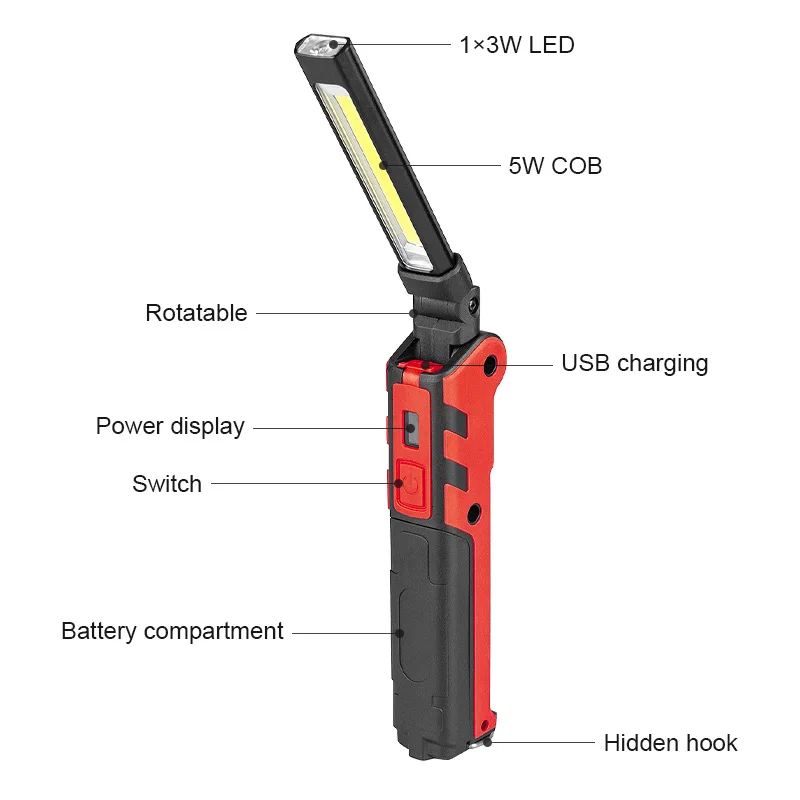 USB Rechargeable Flashlight Working Light Camping Waterproof Torch Built-in Battery COB LED Lantern Linternas with Magnet/Hook