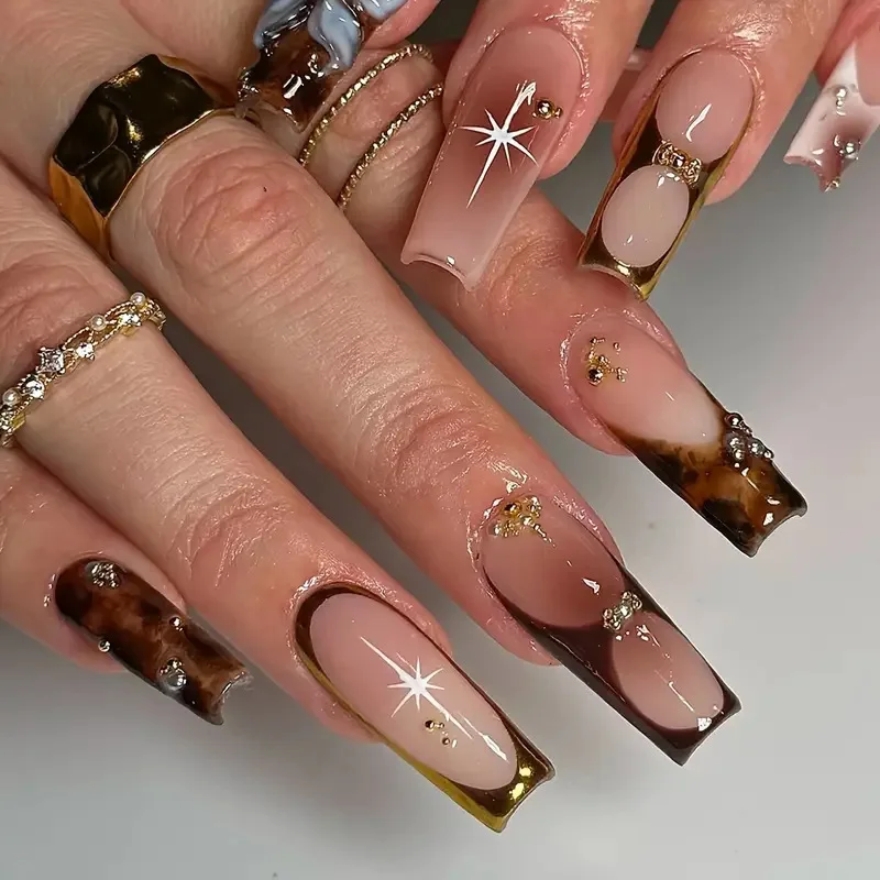 24 Uds. Diseño de diamantes de imitación de flores 3D, uñas postizas con patrón rojo, uñas postizas francesas, puntas de uñas de cobertura completa reutilizables y cuadradas largas