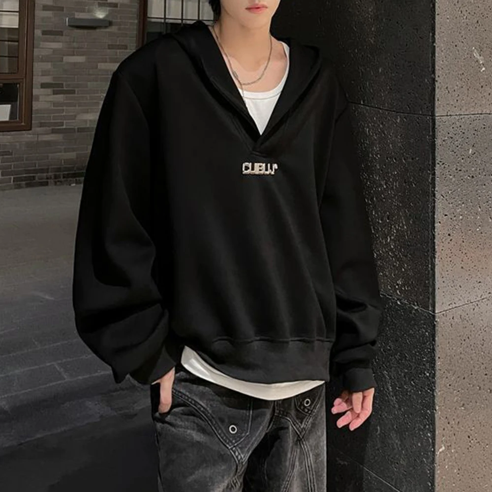 2025 Spring and Autumn Heavy Shoulder Pad V-Neck Hooded Sweatshirt Unisex Korean Fashion Brand High-end Short Y2K Hoodie Men