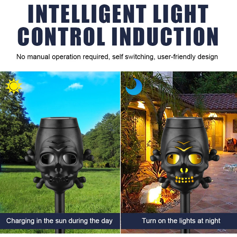 Outdoor Solar Halloween Skull Lights Waterproof Solar Torch Landscape Path Light Skull Solar Torch Lamp with Flickering Flame