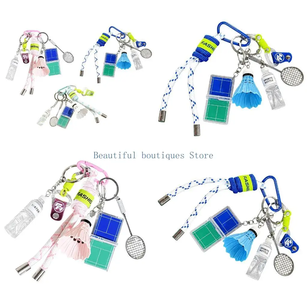 U4LF Metal Badminton Keychain for Keys or Bags, Featuring Racket and Shuttlecock Pieces with Multiple Rings and Clip