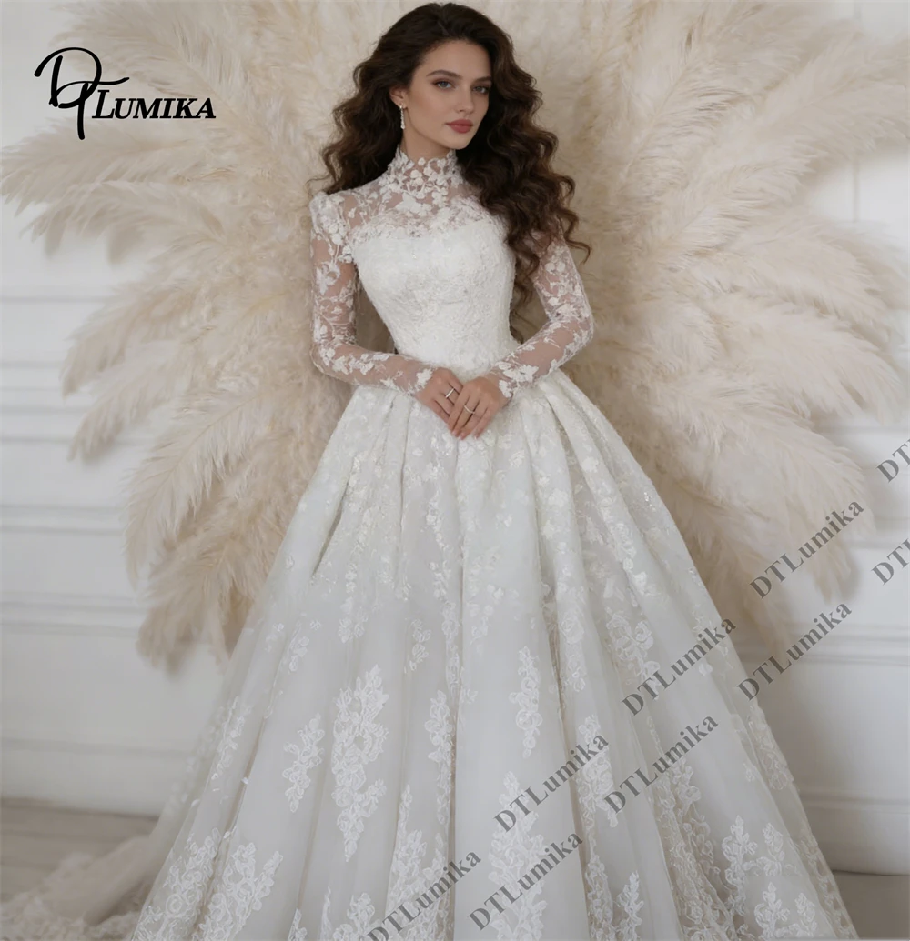 

Romantic Boho Women’s High Neck Lace Wedding Dress A - Line Bridal Gown with Sheer Sleeves for Garden Outdoor Wedding