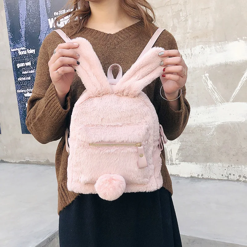 Cute Flannel Rabbit Backpack Women Small Soft Faux Fur Daypack Teenage Girls Kawaii Rucksack Easter Gift Bunny Ears Bag XA566H