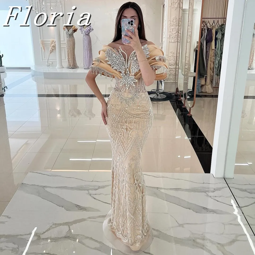 

Elegant Champagne Beaded Party Dress Luxury Crystal Mermaid Evening Prom Gowns Customized Robe de soiree Femme Cocktail Dress