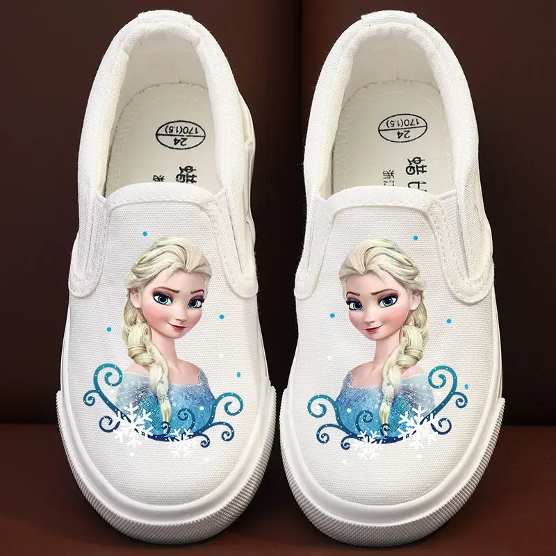 Disney zapatos de princesa Elsa de Frozen para niños, zapatillas deportivas blancas de lona para niñas, zapatillas informales de tenis de dibujos