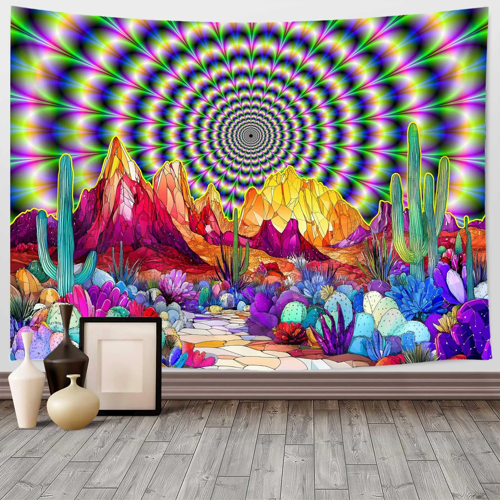 VIKAMA Psychedelic Mountain Cactus Tapestry Trippy Abstract Landscape Boho Wall Art for Bedroom Dorm Hippie Decor