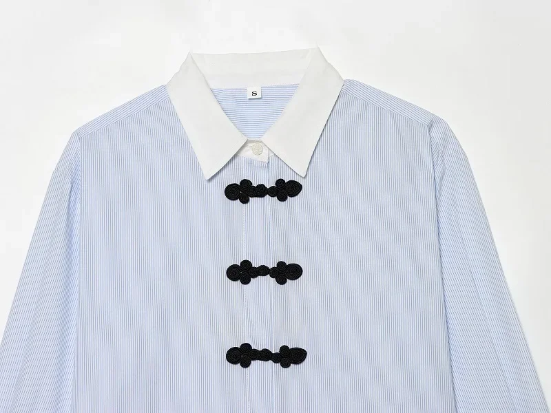 HXAO Blaues Damen-Streifenhemd Langarm Sommer Damenhemd Chinesische Froschknopf-Bluse Locker Sitzende Büro-Freizeitbluse – Detail 5