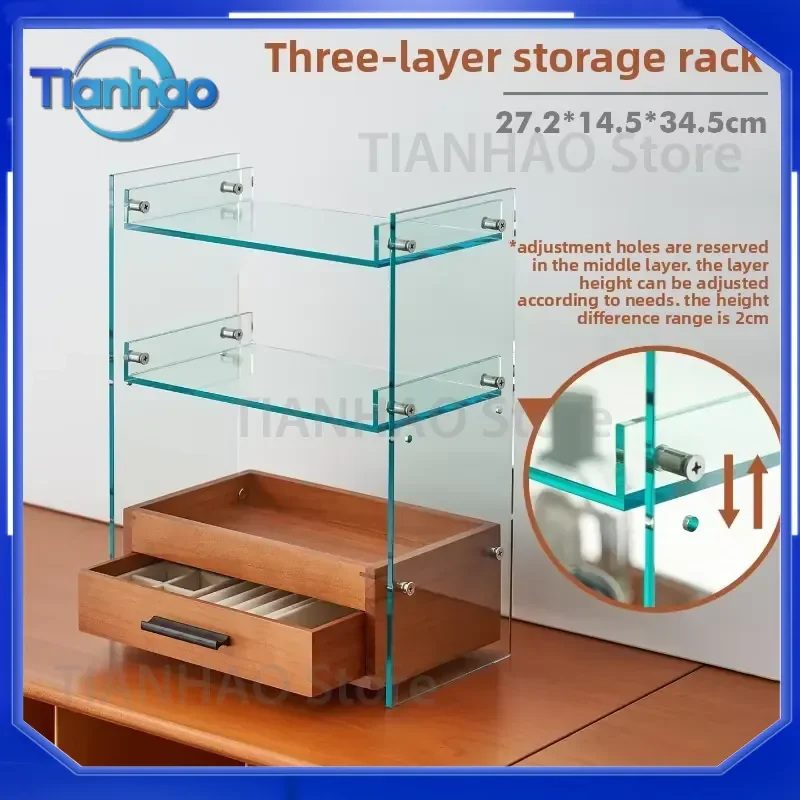 Vintage Acrylic Makeup Organizer for Adjustable Desktop Storage Cosmetics Rack with Drawer Multilayer Display Case for