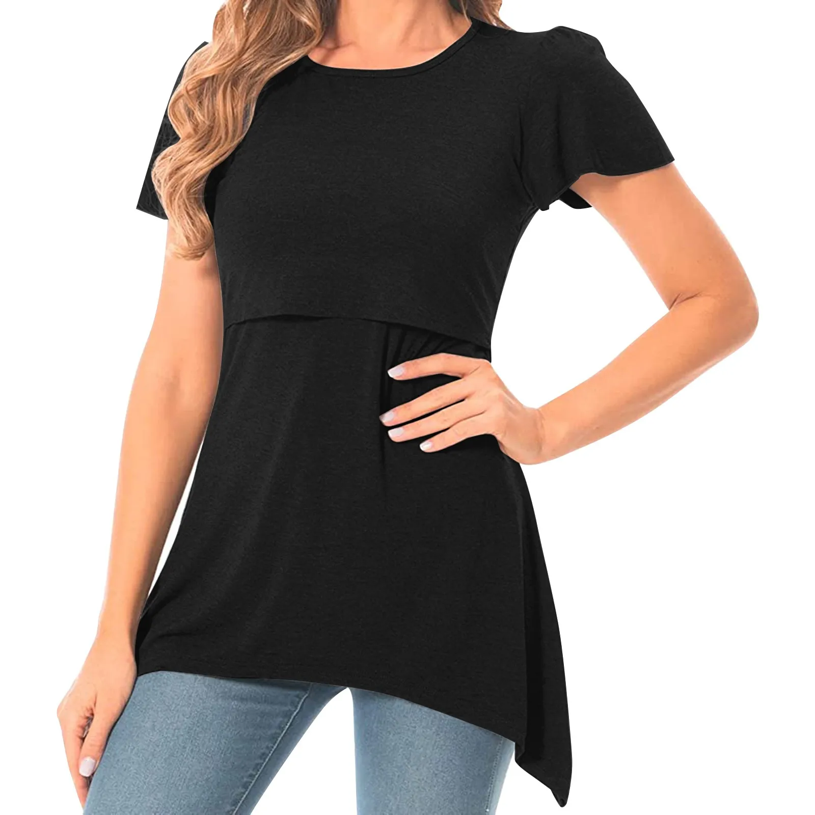 Maternity Nursing Tops Pregnant Womens Irregular Hem Tee Breastfeeding Shirt Casual Short Sleeve Basic Nursed T Shirt Solid Tops