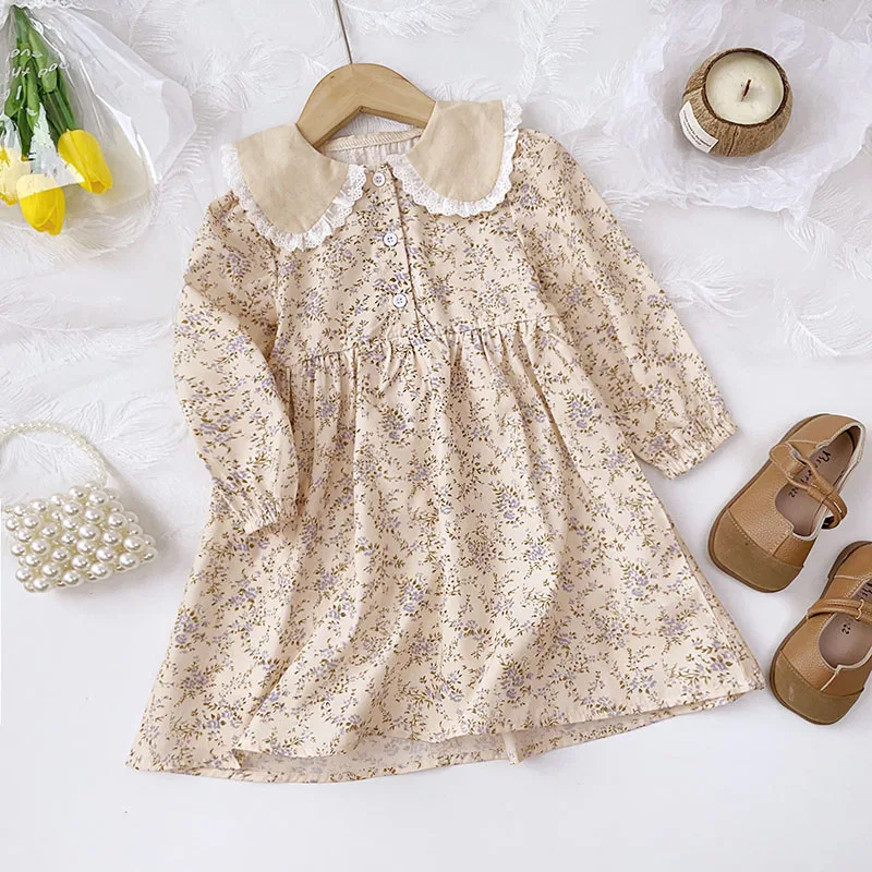 Korean Style Kid's Clothing 2024 Autumn Girls Long Sleeve Dresses Children's Doll Collar Floral Pastoral Dress