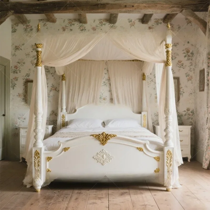 French retro solid wood carving flower four-poster bed luxury villa princess bed home master bedroom double Roman pillar bed