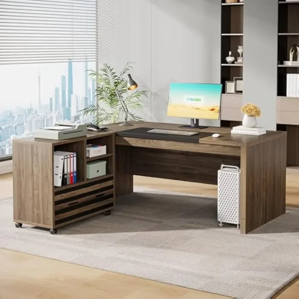 62.2 "Executive Desk Met Mobiele Archiefkast, L-Vormig Kantoor Met Opbergplanken, Groot Computerbureau Zakelijk Werkstation