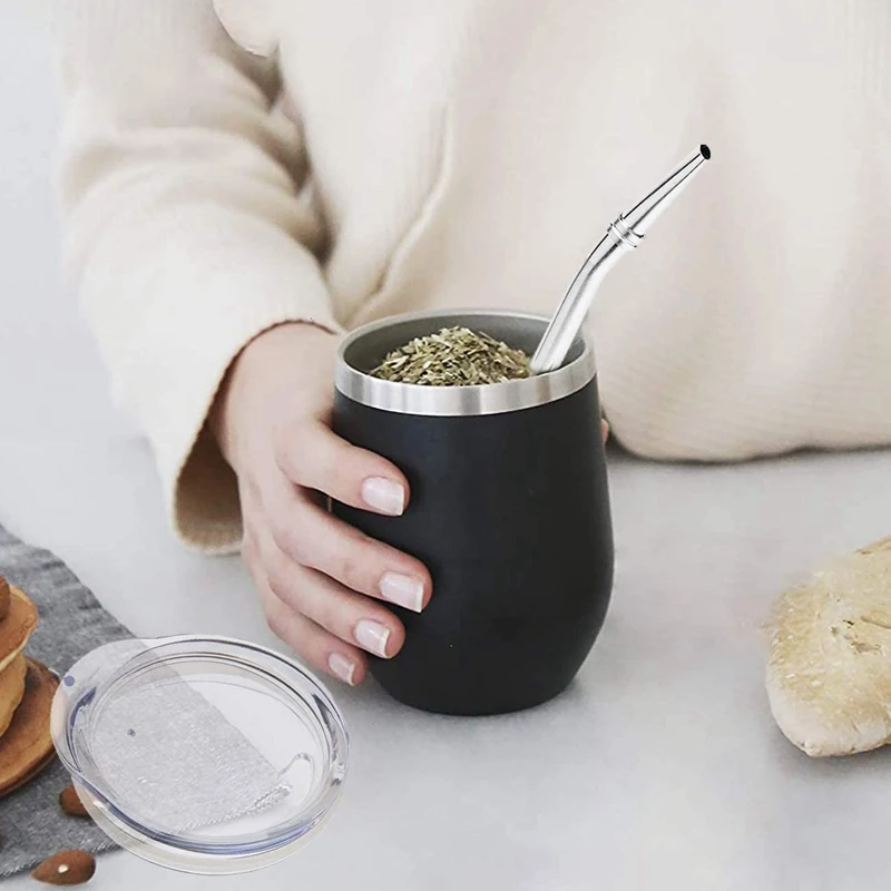 Double-Wall Stainless Yerba Gourd Mate Tea Set Coffee Cups Water   Cup with Lid Spoon Straw Bombilla Head Filter Brush