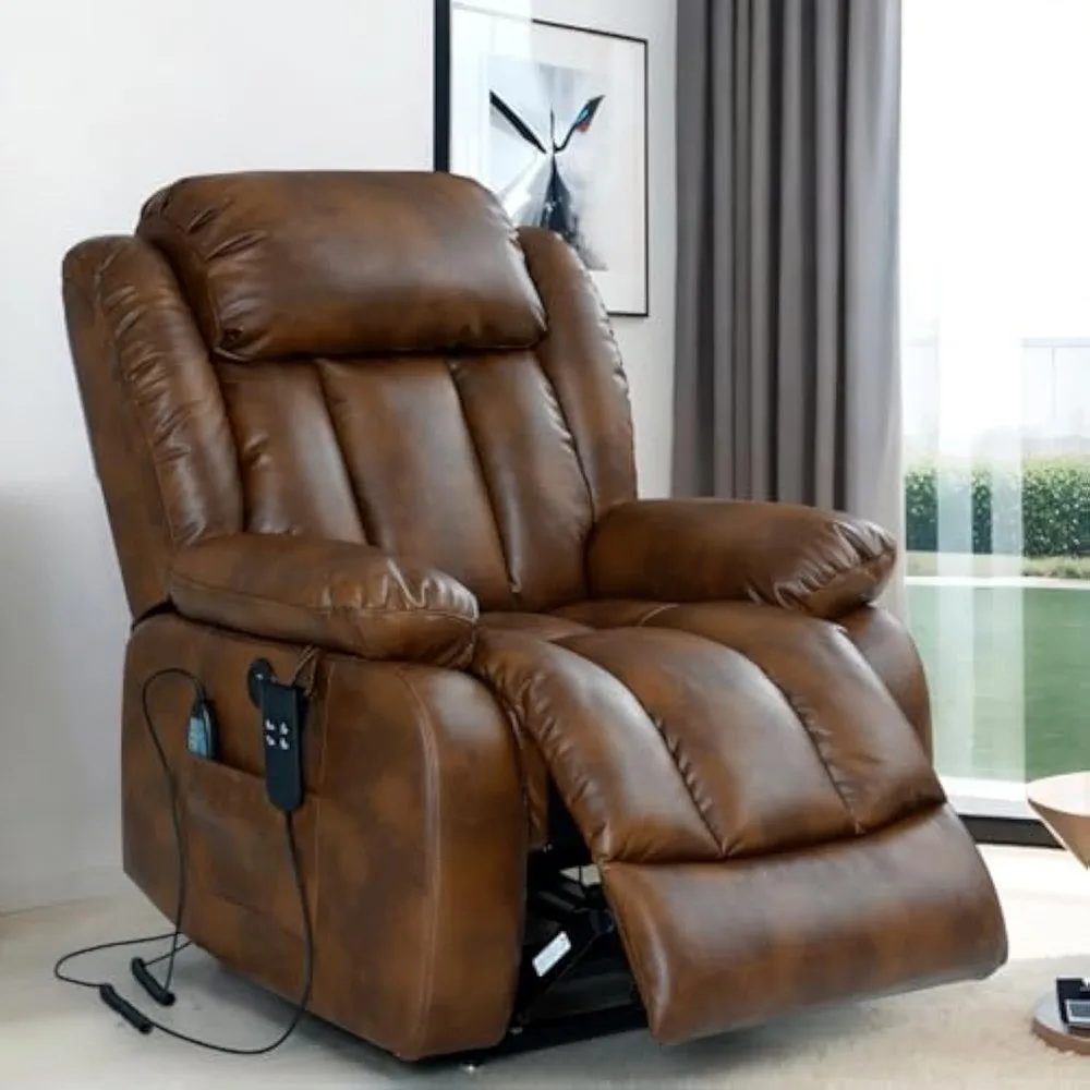 Dual Motor Breathing Leather Recliner, Infinite Position Power Lift Chair, Heating and Massage Function Elderly Recliner for Liv