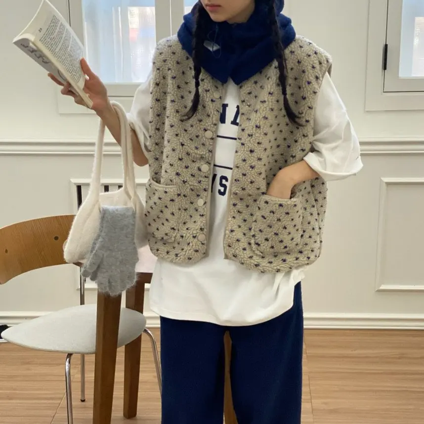 

Cute Anti-Aging Color Blo Heart Lamb Fur Vest Women's Loose Cotton Top Winter New Sle Faionable Ladies' Jaet