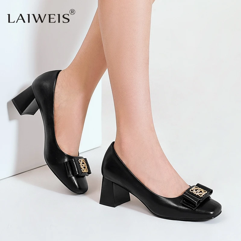 2024 New Temperament Elegant Fashion High-heeled Shoes Women\'s Shoes Spring Bow Mid-heel Leather All-match Thick-heeled Shoes