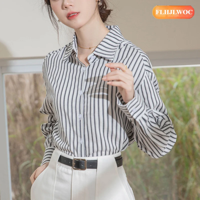 قمصان مخططة لطيف الفتيات السنة الجديدة امرأة 2026 ربيع الخريف طويلة الأكمام مكتب سيدة العمل أنيقة ركاب أساسيات القمصان #3