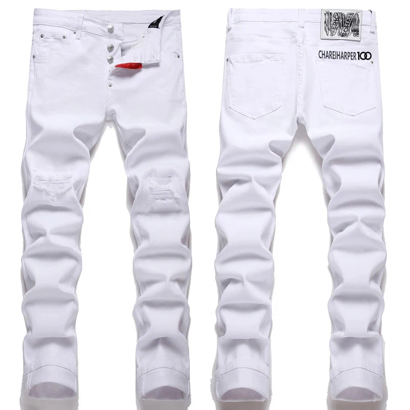 

Charharper dsq 1333 men`s white jeans slim cut hole cotton bomb small capital four seasons leisure cotton Italian design jeans