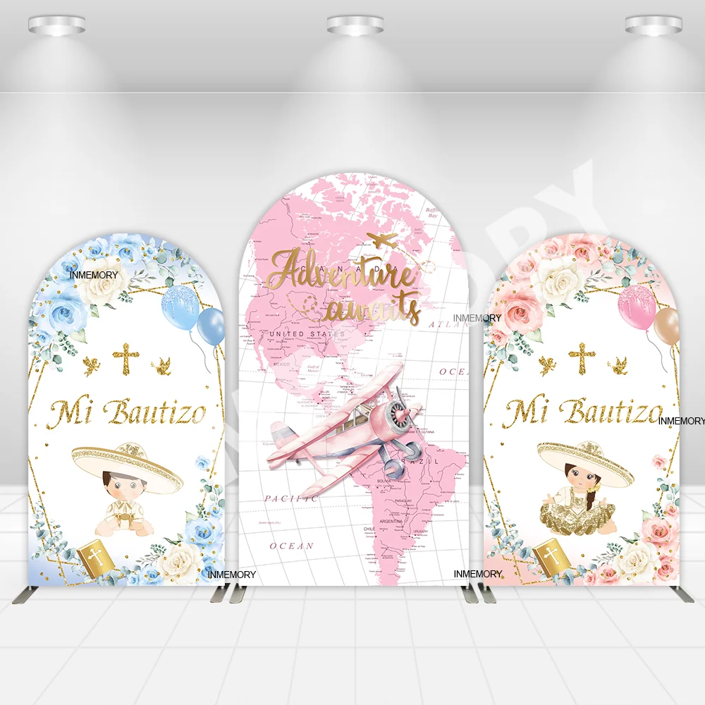 Mi Primera Comunion Arch Backdrop Cover Blue Pink Flowers Dove Gold Cross Boy Girl Baptism Decors Adventure Travel Arched Wall
