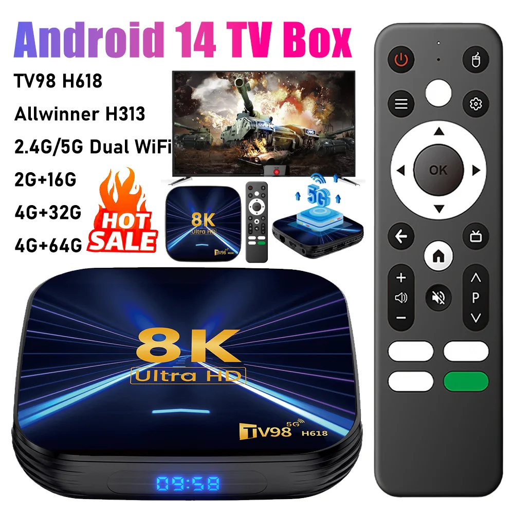 

ТВ-приставка Android 14 Smart TV Box 8K HD с поддержкой двухдиапазонного Wi-Fi 2.4G/5G и пультом ДУ, медиаплеер на Android 14