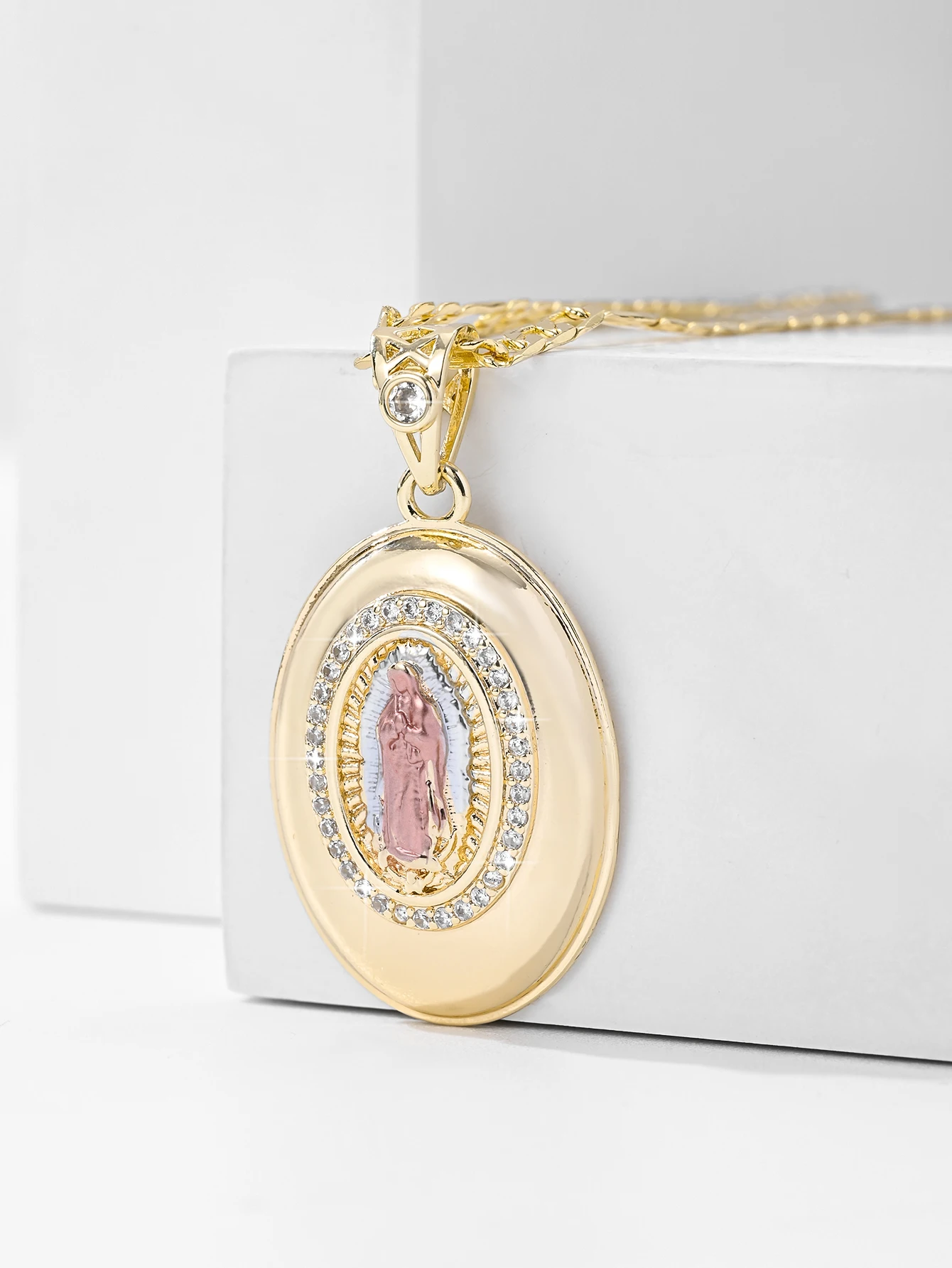 Guadalupe necklace box pendant, religious jewelry zircon copper 14K gold-plated Catholic Miracle Medal Virgin Mary chain